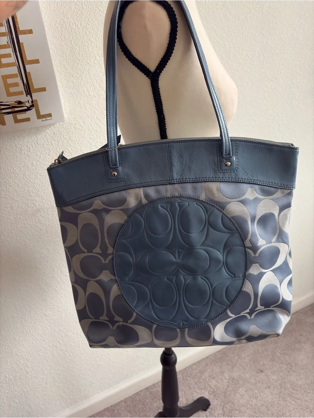 Coach Two-Tone Blue Signature Tote with Leather Trim